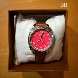 Coach Boyfriend Pink/Red Dial Watch with Brown Leather Straps. (30)